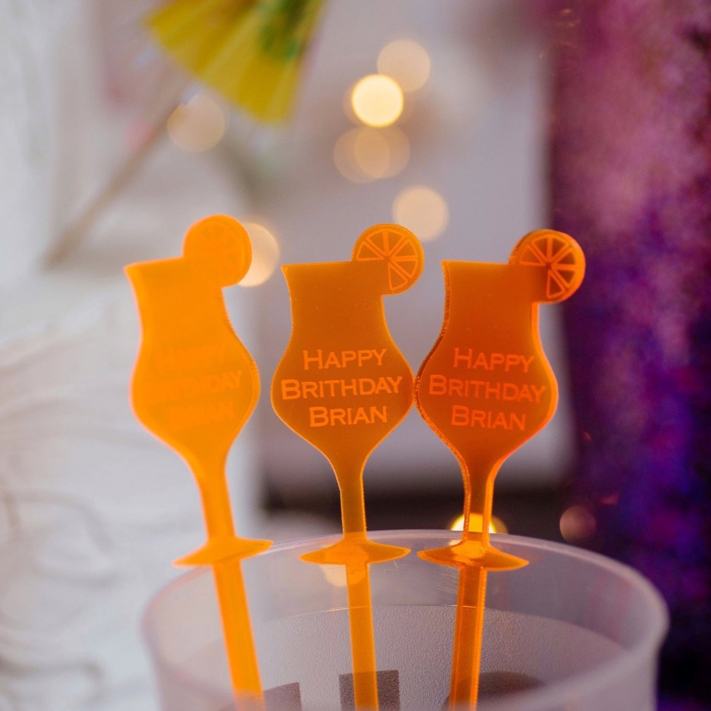 happy birthday name neon orange acrylic engraved drink stirrers custom wedding drink stirrers personalized acrylic cocktail stir sticks custom drink charm bespoke event swizzle sticks drink topper birthday party last name date celebration