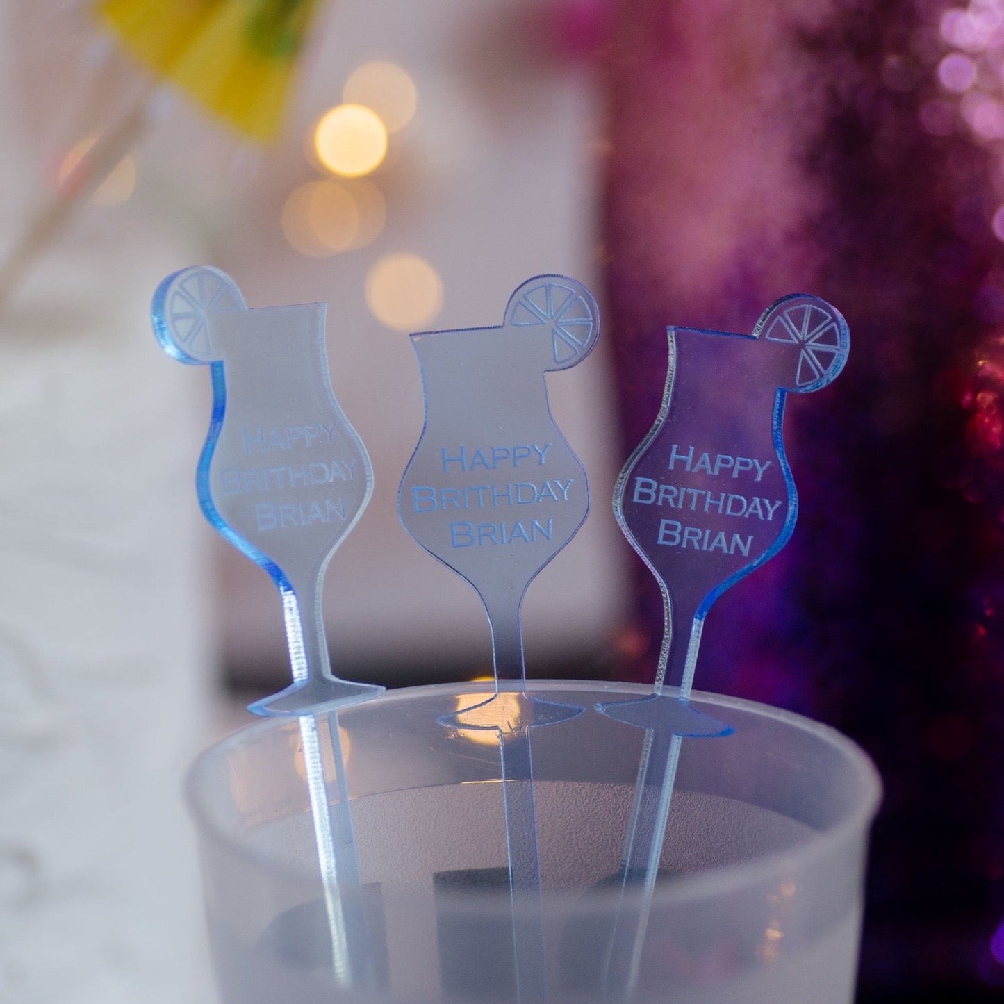happy birthday name blue transparent acrylic engraved drink stirrers custom wedding drink stirrers personalized acrylic cocktail stir sticks custom drink charm bespoke event swizzle sticks drink topper birthday party last name date celebration