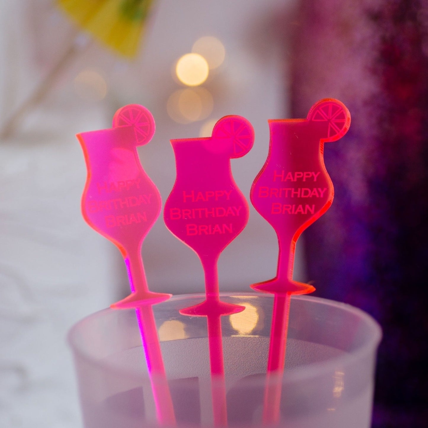 happy birthday name neon pink acrylic engraved drink stirrers custom wedding drink stirrers personalized acrylic cocktail stir sticks custom drink charm bespoke event swizzle sticks drink topper birthday party last name date celebration
