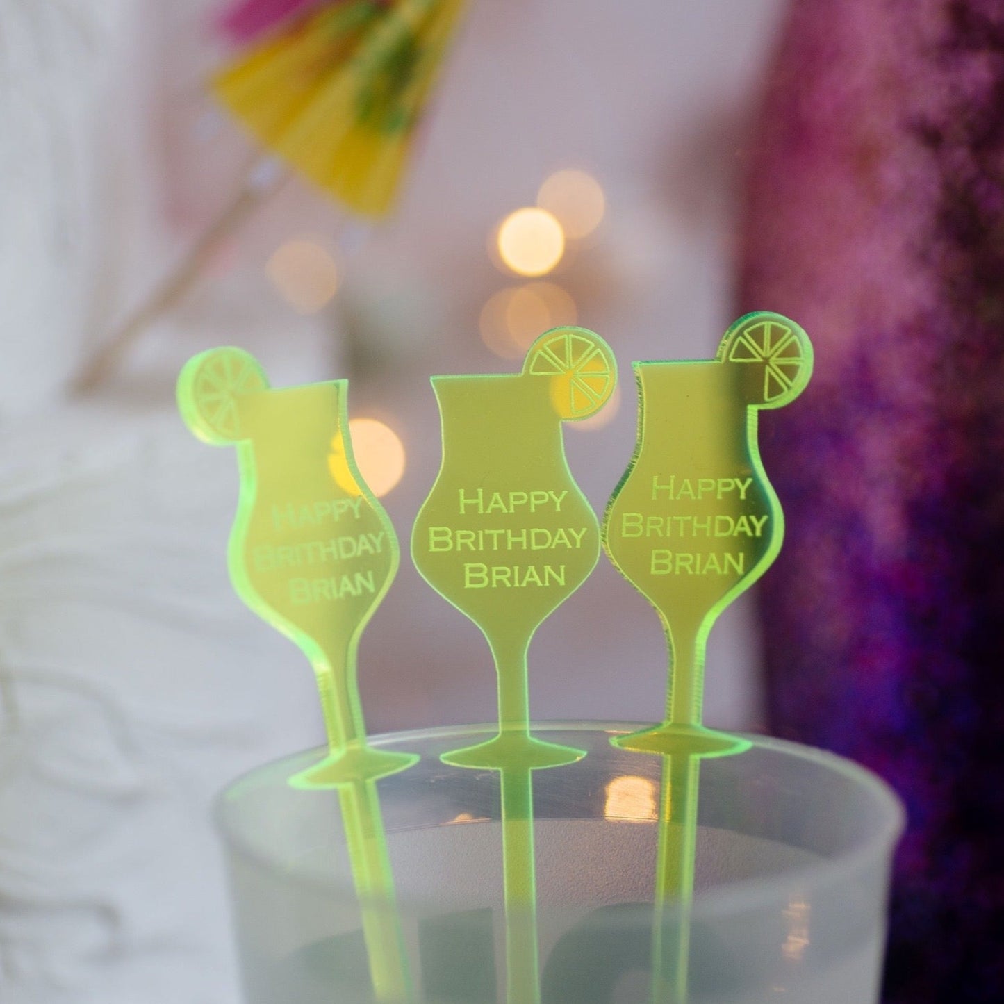 happy birthday name neon green acrylic engraved drink stirrers custom wedding drink stirrers personalized acrylic cocktail stir sticks custom drink charm bespoke event swizzle sticks drink topper birthday party last name date celebration