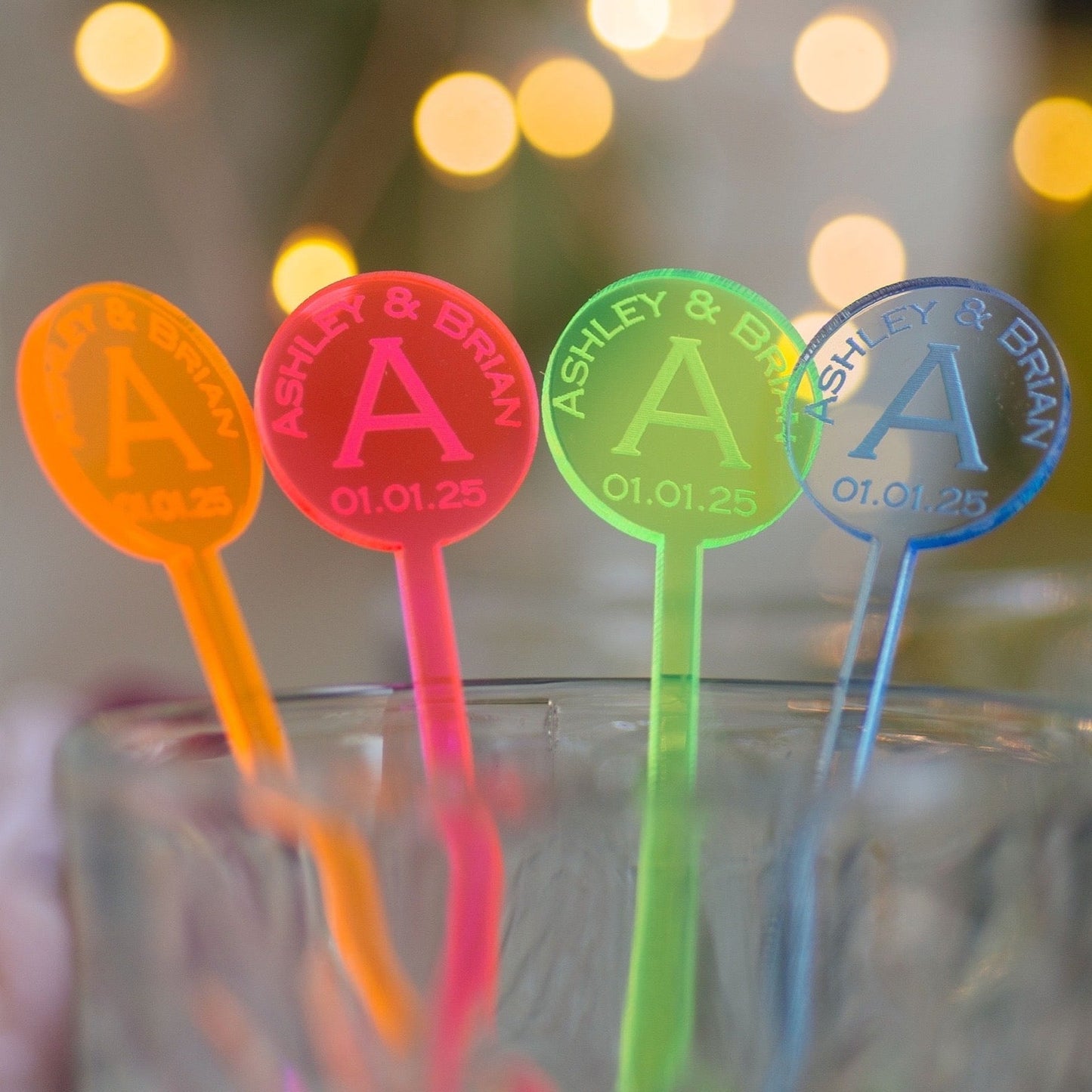 round names monogram date neon green pink orange blue acrylic engraved drink stirrers custom wedding drink stirrers personalized acrylic cocktail stir sticks custom drink charm bespoke event swizzle sticks drink topper birthday party celebration