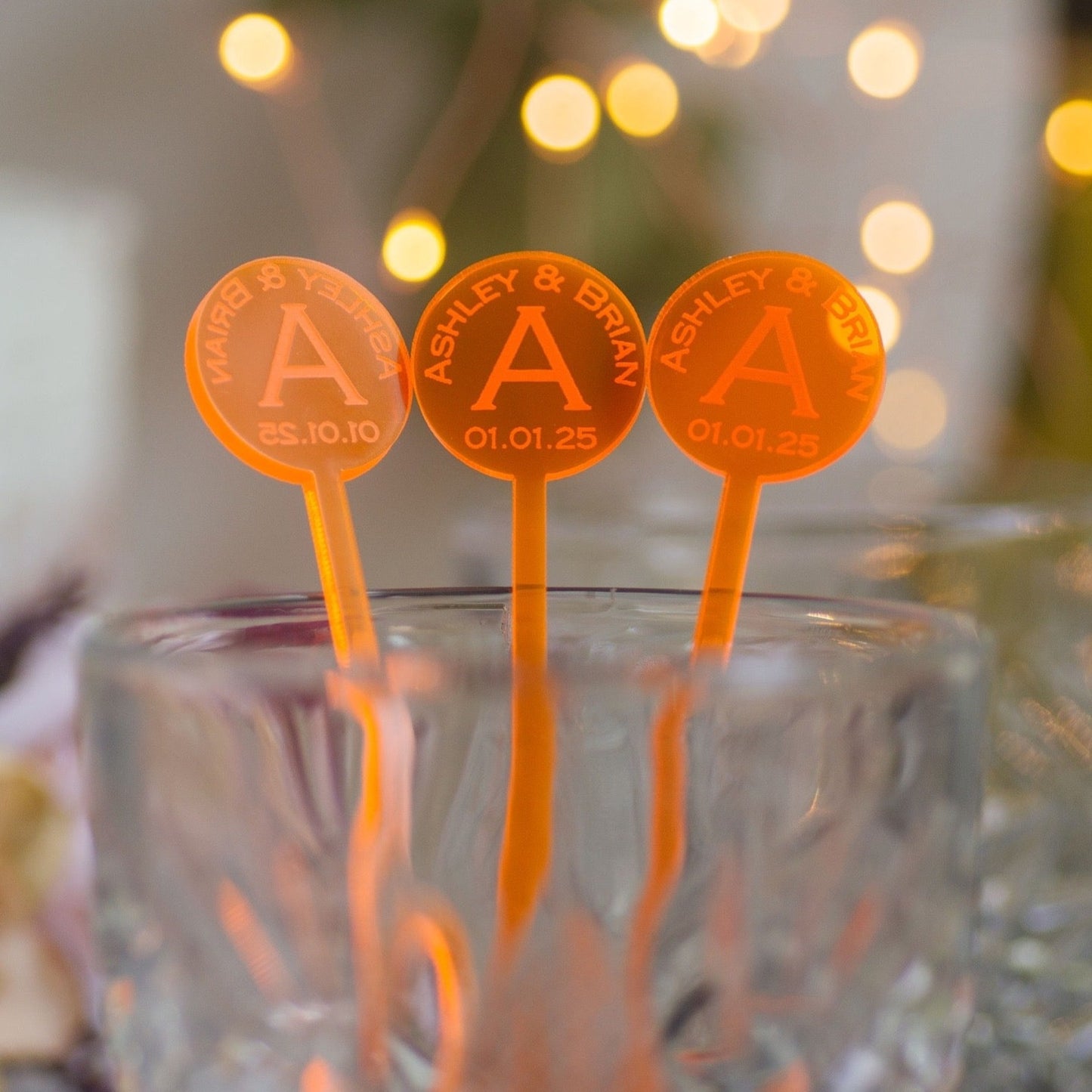 round names monogram date neon orange acrylic engraved drink stirrers custom wedding drink stirrers personalized acrylic cocktail stir sticks custom drink charm bespoke event swizzle sticks drink topper birthday party last name date celebration