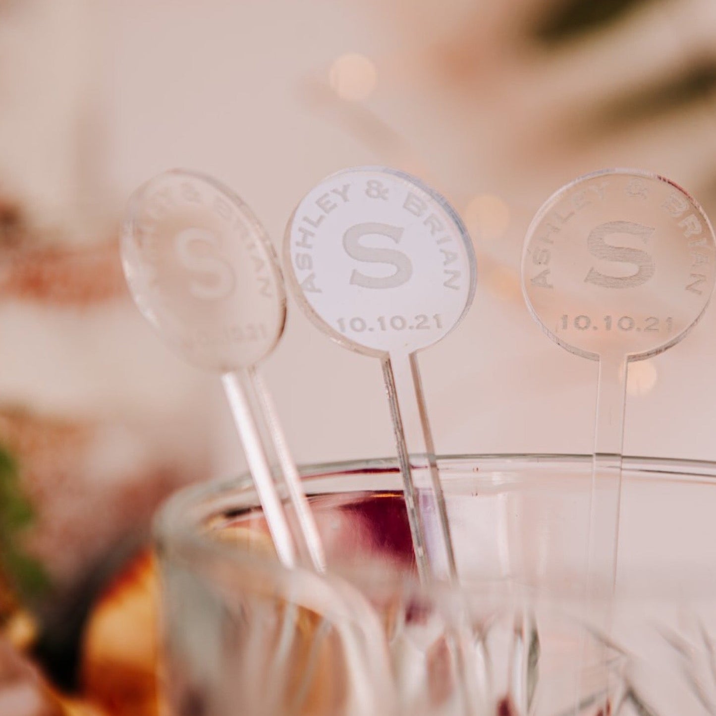round names monogram date clear acrylic engraved drink stirrers custom wedding drink stirrers personalized acrylic cocktail stir sticks custom drink charm bespoke event swizzle sticks drink topper birthday party last name date celebration