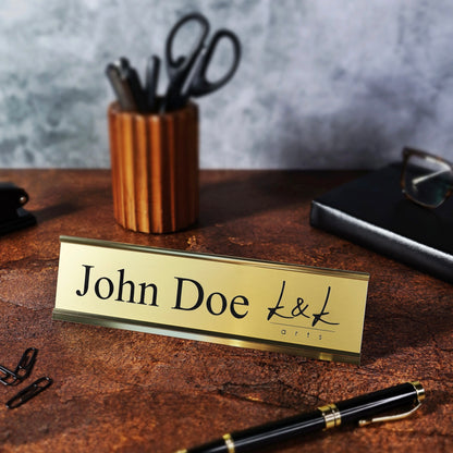gold desk name plate custom tabletop sign personalized metal stand office plaque company logo plate engraved executive coworker gift office executive plaque new job custom personalized plaque title logo plate wood desk walnut office decor engraved