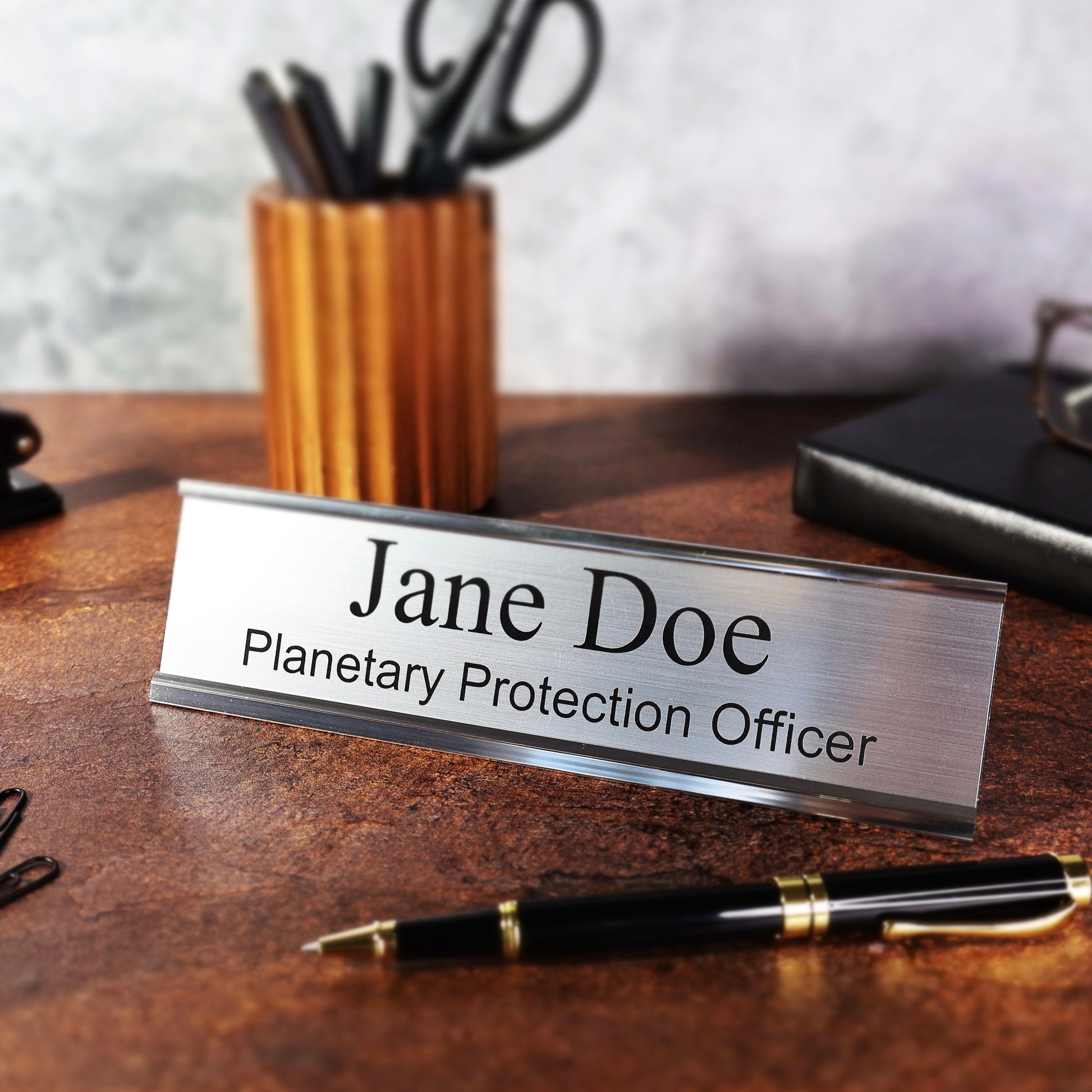 silver desk name plate custom tabletop sign personalized metal stand office plaque company logo plate engraved executive coworker gift office executive plaque new job custom personalized plaque title logo plate metal desk office decor engraved
