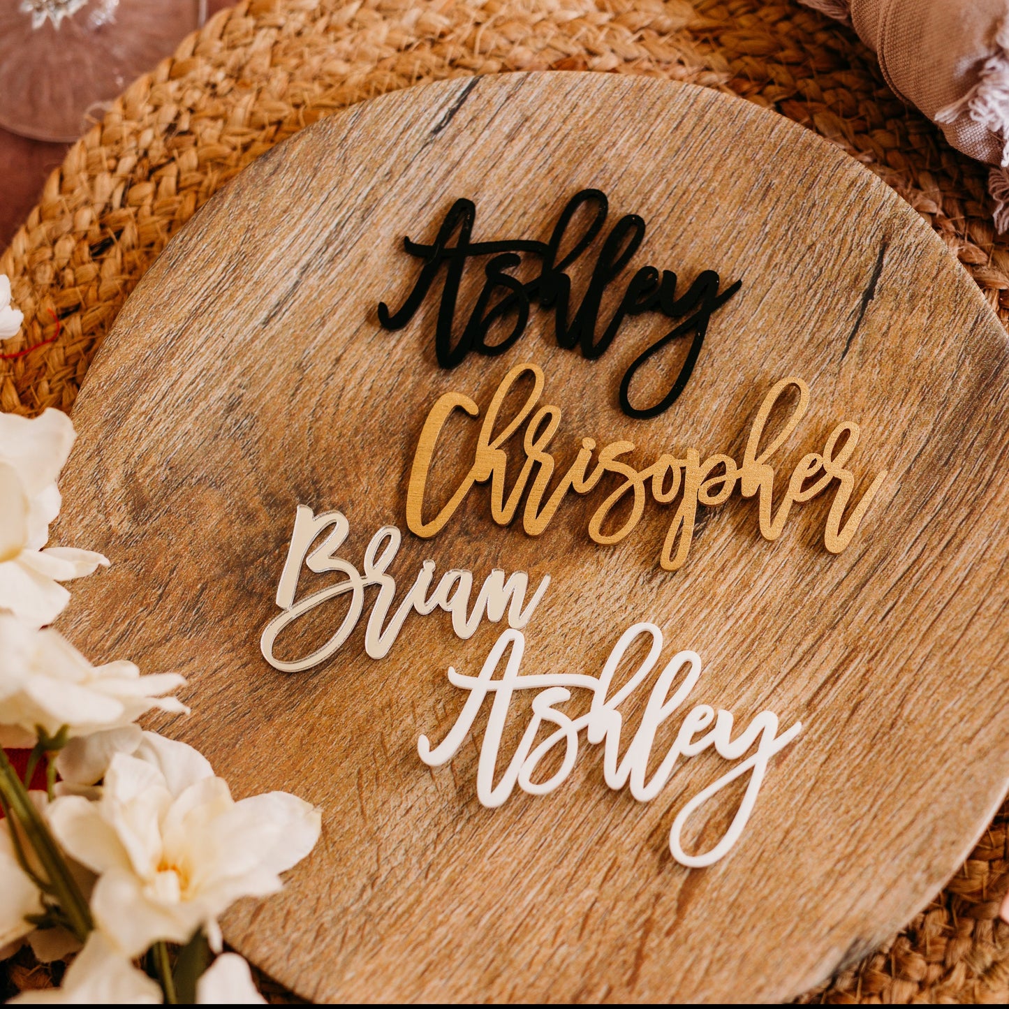 wood and acrylic wedding name tags name tags wood name card name place cards name cards wedding name place setting wooden names wedding place cards bachelorette party wedding favors  wedding decor  name plate birthday rehersal dinner bridal shower
