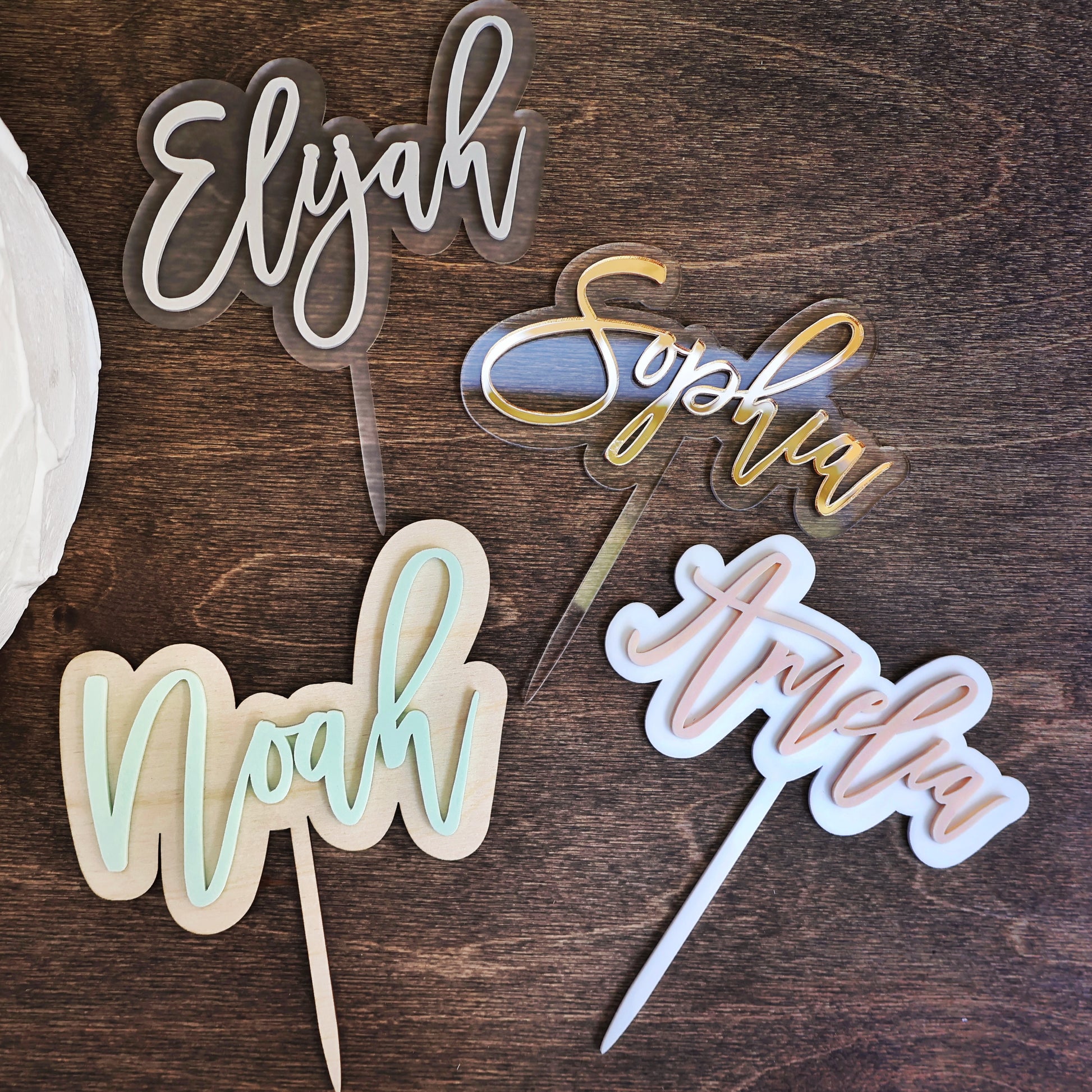 Double layer acrylic name birthday cake topper acrylic 3d custom cake toppers wedding personalized acrylic cake toppers modern pastel acrylics mirrored acrylics wood  candy bar names party decorations first birthday baptism cake bachelorette cake