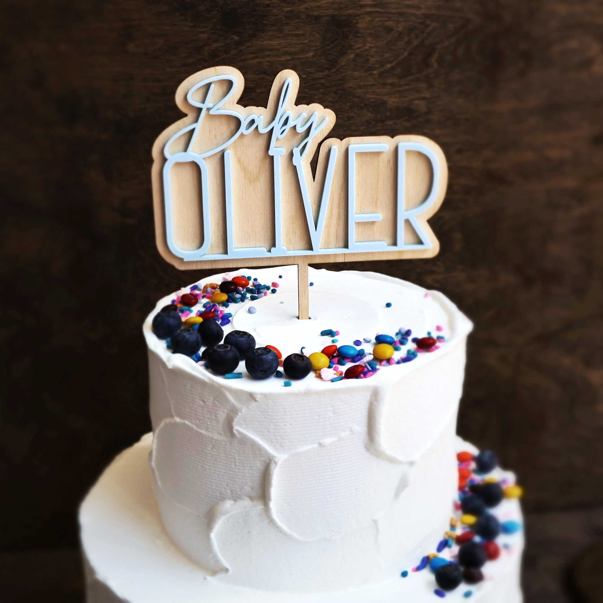 Double layer acrylic baby birthday cake topper raw wood and pastel blue acrylic 3d custom cake toppers wedding personalized birthday acrylic cake toppers modern last name cake decor pastel acrylics mirrored acrylic wood first birthday