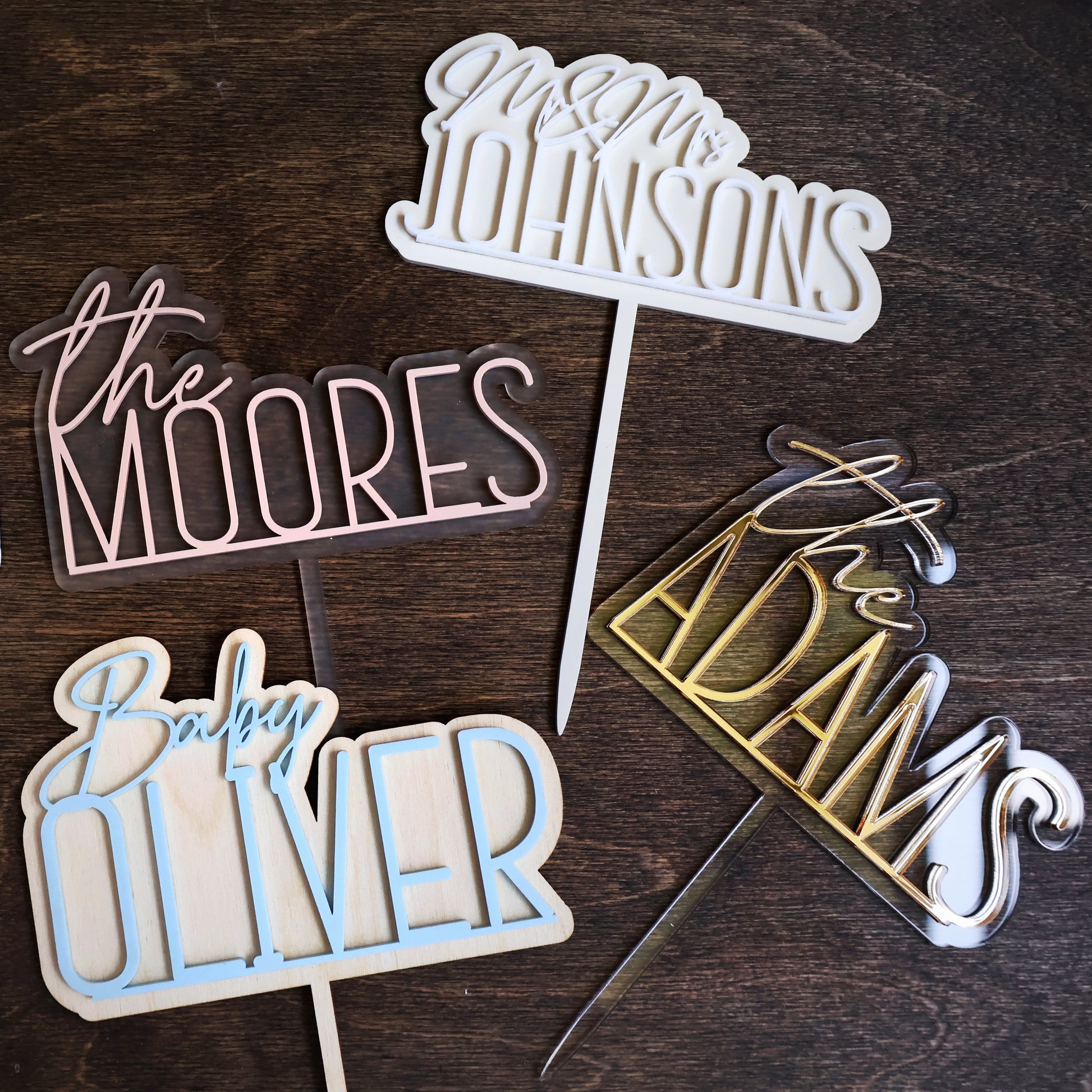 Double layer acrylic wedding cake topper clear and mirrored gold acrylic 3d custom cake toppers wedding personalized birthday acrylic cake toppers modern last name cake decor pastel acrylics mirrored acrylic wood  baby first birthday