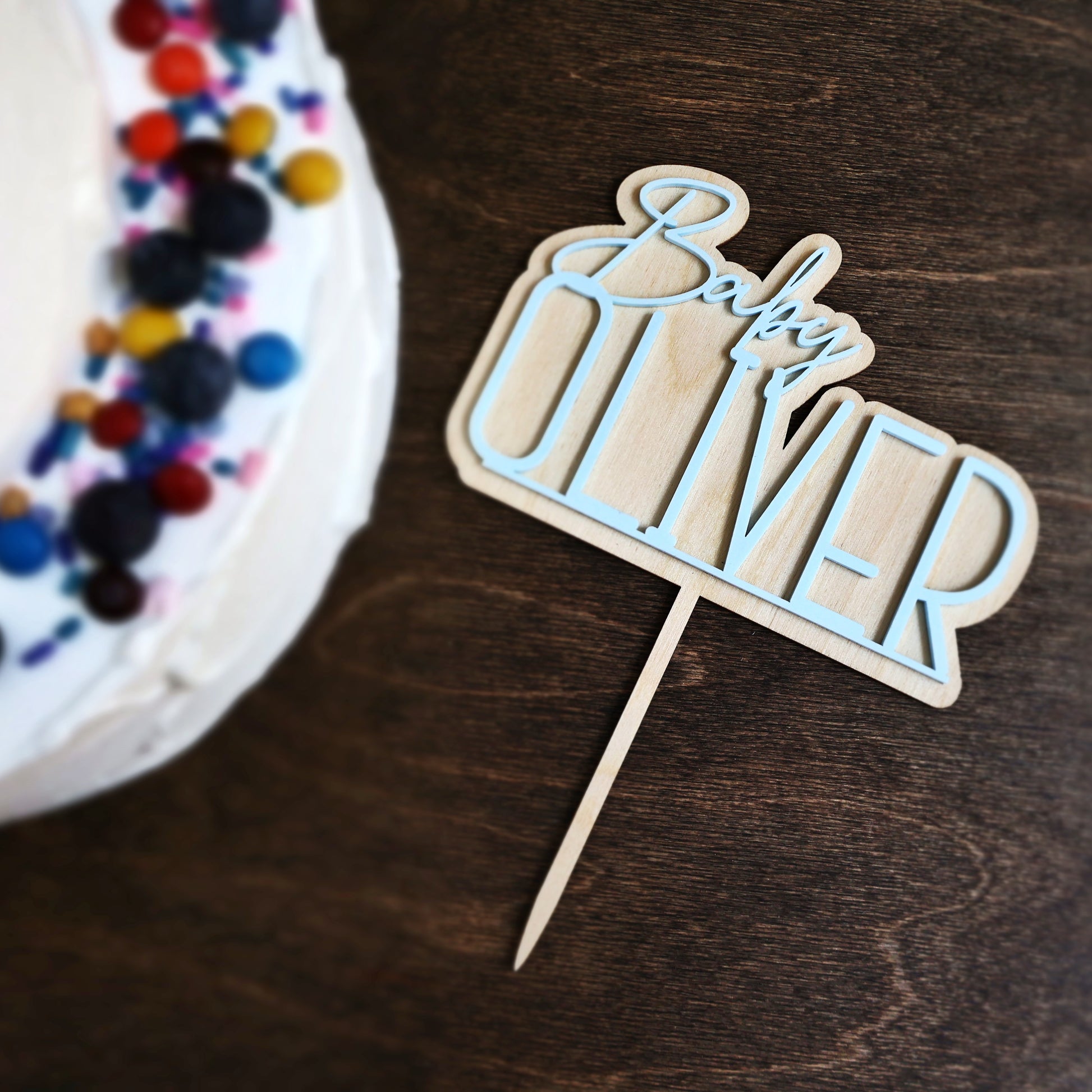 Double layer acrylic baby birthday cake topper raw wood and pastel blue acrylic 3d custom cake toppers wedding personalized birthday acrylic cake toppers modern last name cake decor pastel acrylics mirrored acrylic wood first birthday