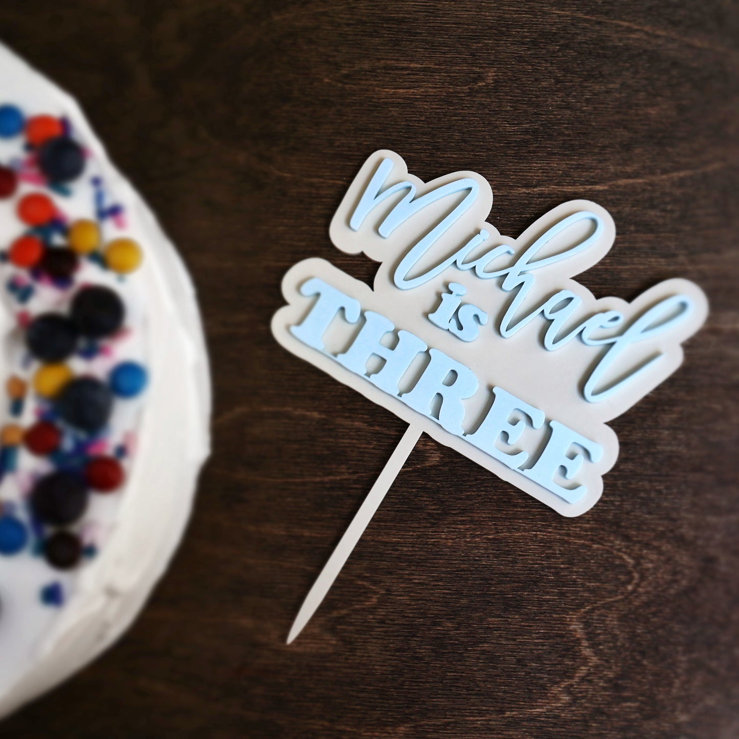Double layer acrylic name and age birthday cake topper bone and pastel blue acrylic 3d custom cake toppers wedding personalized birthday acrylic cake toppers modern last name cake decor pastel acrylics mirrored acrylic wood