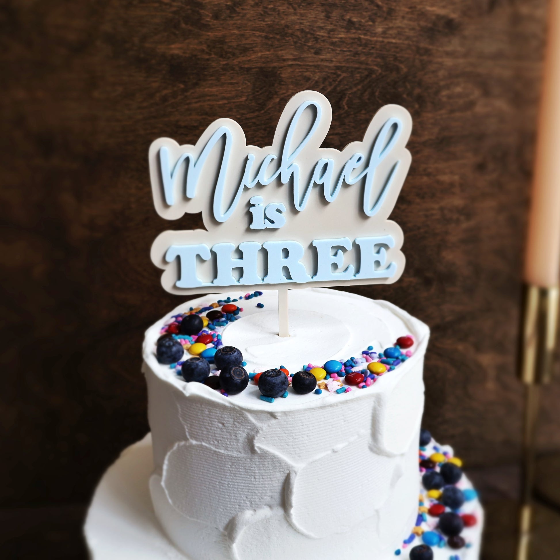 Double layer acrylic name and age birthday cake topper bone and pastel blue acrylic 3d custom cake toppers wedding personalized birthday acrylic cake toppers modern last name cake decor pastel acrylics mirrored acrylic wood