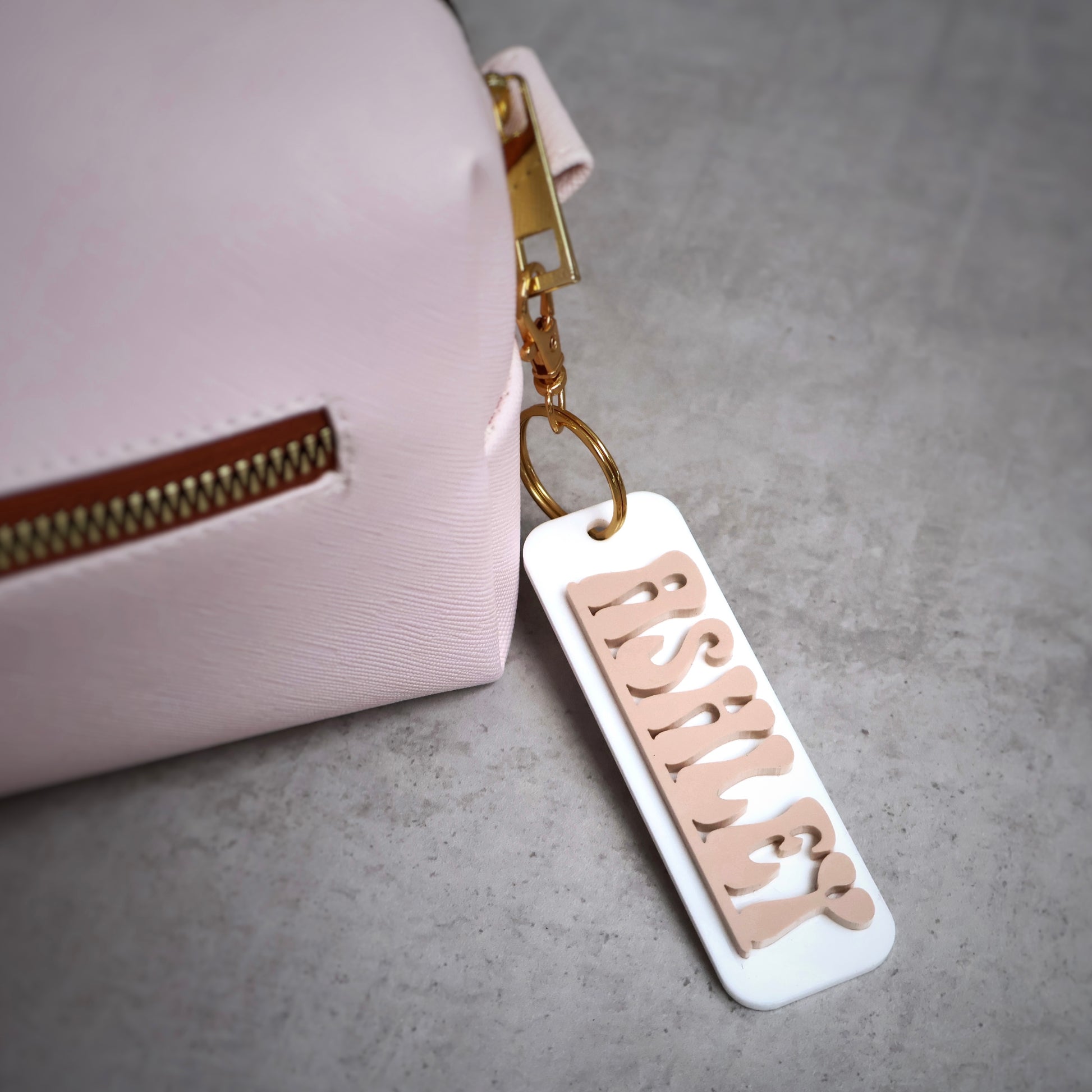 white and blush acrylic keychains custom name keychain bogg bag charm name keychain bag accessories name key chain School Tag Lunchbox name Backpack tags gym bag name Custom Name Charm Diaper Bag Tag bogg bag keychain