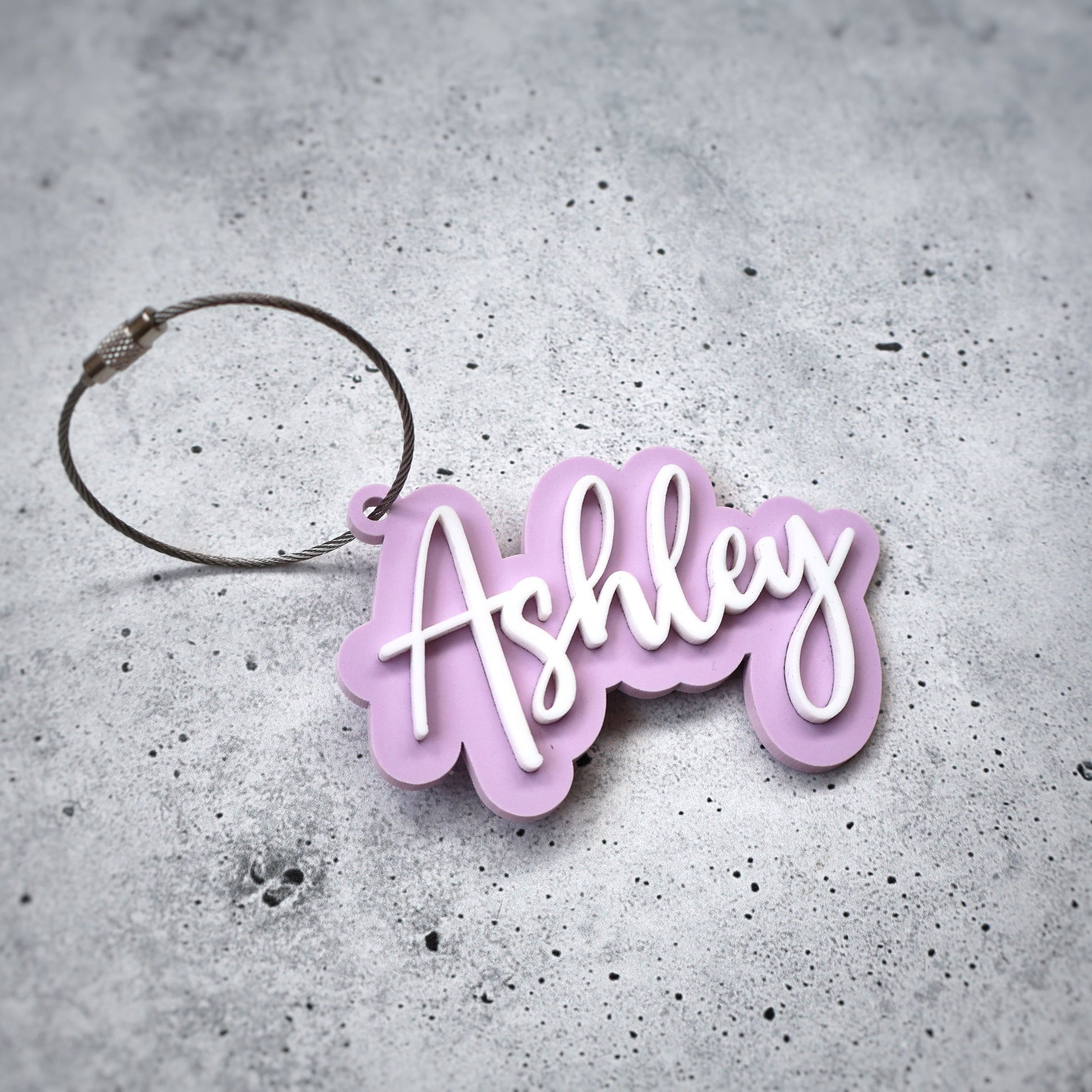 acrylic keychain pastel lavender with white wire steel ring custom name keychain bogg bag charm name keychain bag accessories name key chain School Tag Lunchbox name Backpack tags gym bag name Custom Name Charm Diaper Bag Tag bogg bag keychain