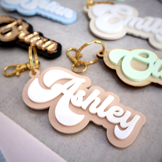 Personalized acrylic keychain beige with white gold chain custom name keychain bogg bag charm name keychain bag accessories name key chain School Tag Lunchbox name Backpack tags gym bag name Custom Name Charm Diaper Bag Tag bogg bag keychain