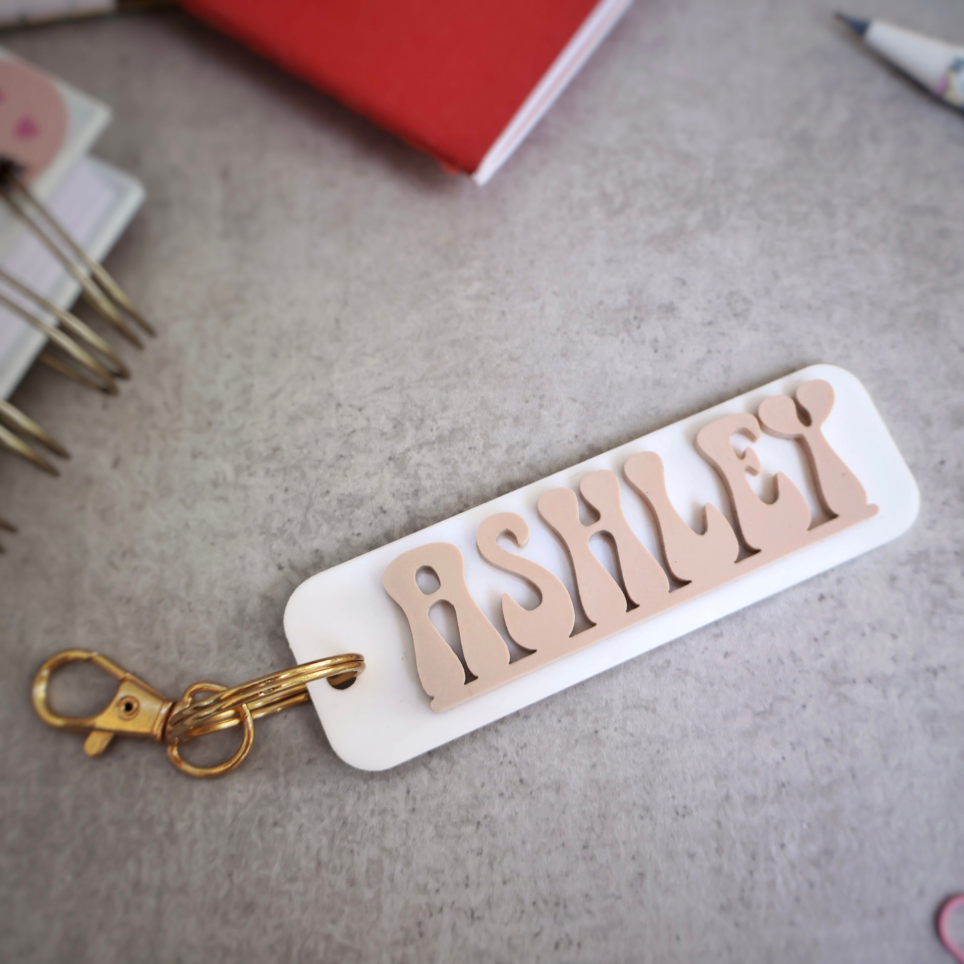 white and blush acrylic keychains custom name keychain bogg bag charm name keychain bag accessories name key chain School Tag Lunchbox name Backpack tags gym bag name Custom Name Charm Diaper Bag Tag bogg bag keychain