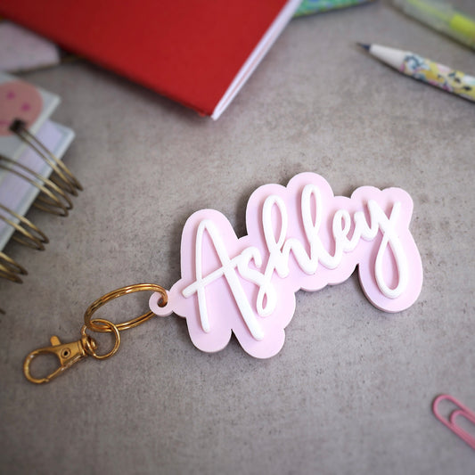 acrylic keychain pastel pink with white gold chain custom name keychain bogg bag charm name keychain bag accessories name key chain School Tag Lunchbox name Backpack tags gym bag name Custom Name Charm Diaper Bag Tag bogg bag keychain