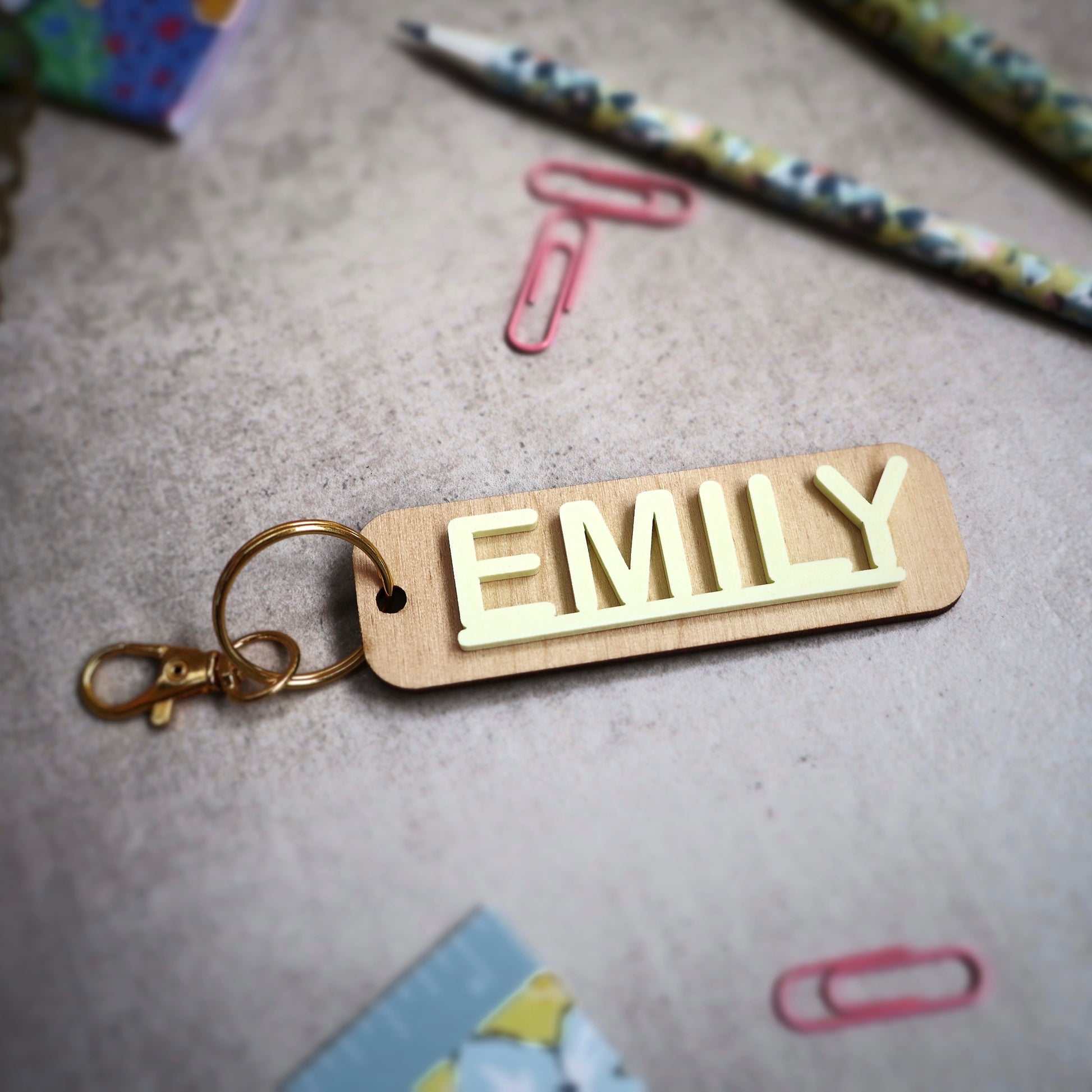 raw wood and pastel yellow acrylic keychains custom name keychain bogg bag charm name keychain bag accessories name key chain School Tag Lunchbox name tags gym bag name Custom Backpack Name Charm Diaper Bag Tag bogg bag keychain