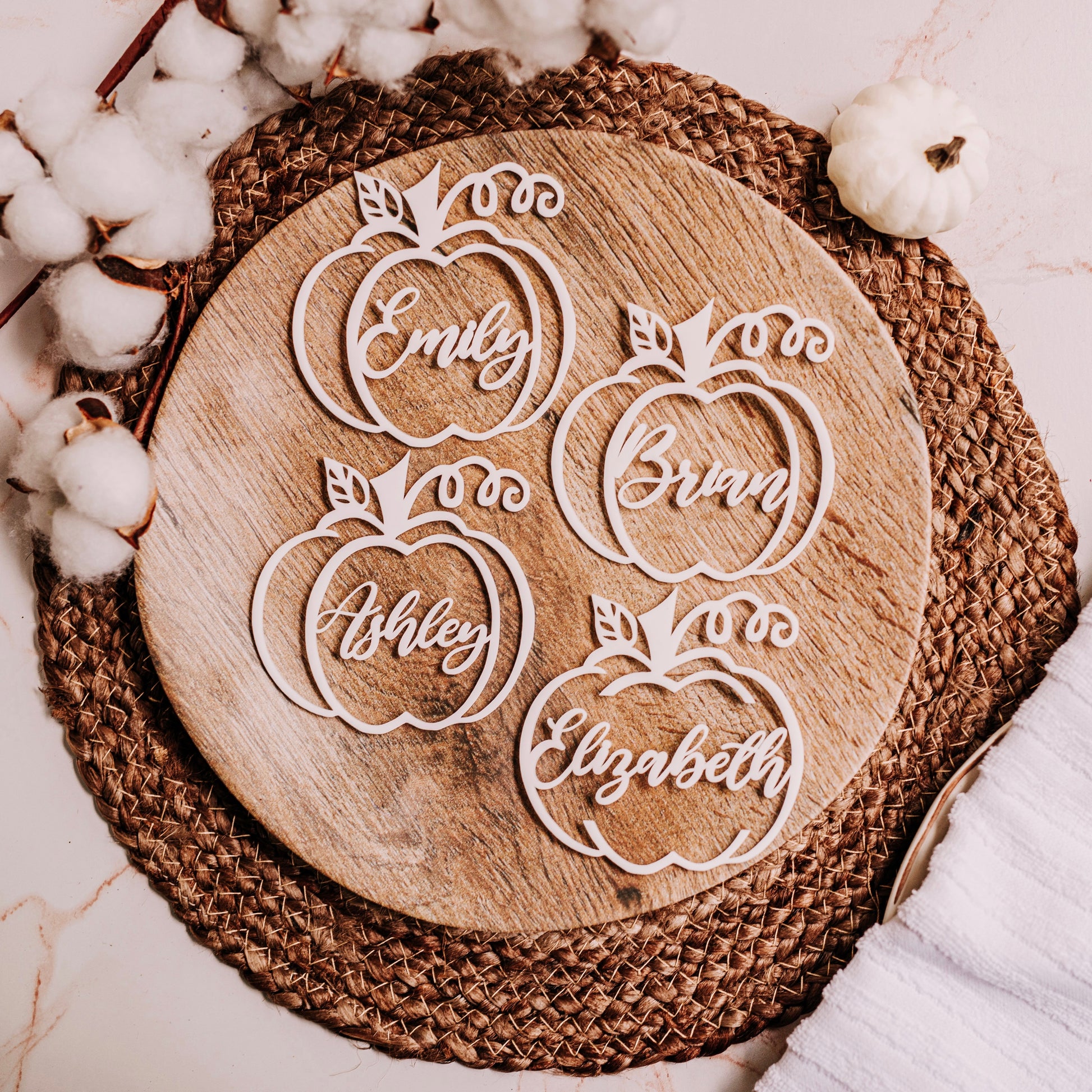 white acrylic pumpkin name decor friendsgiving place card thanksgiving table Friendsgiving thanksgiving gift fall wedding decor friendsgiving gifts fall party decor fall seasonal decor pumpkin decor cutout wooden name rustic fall thanksgiving favors
