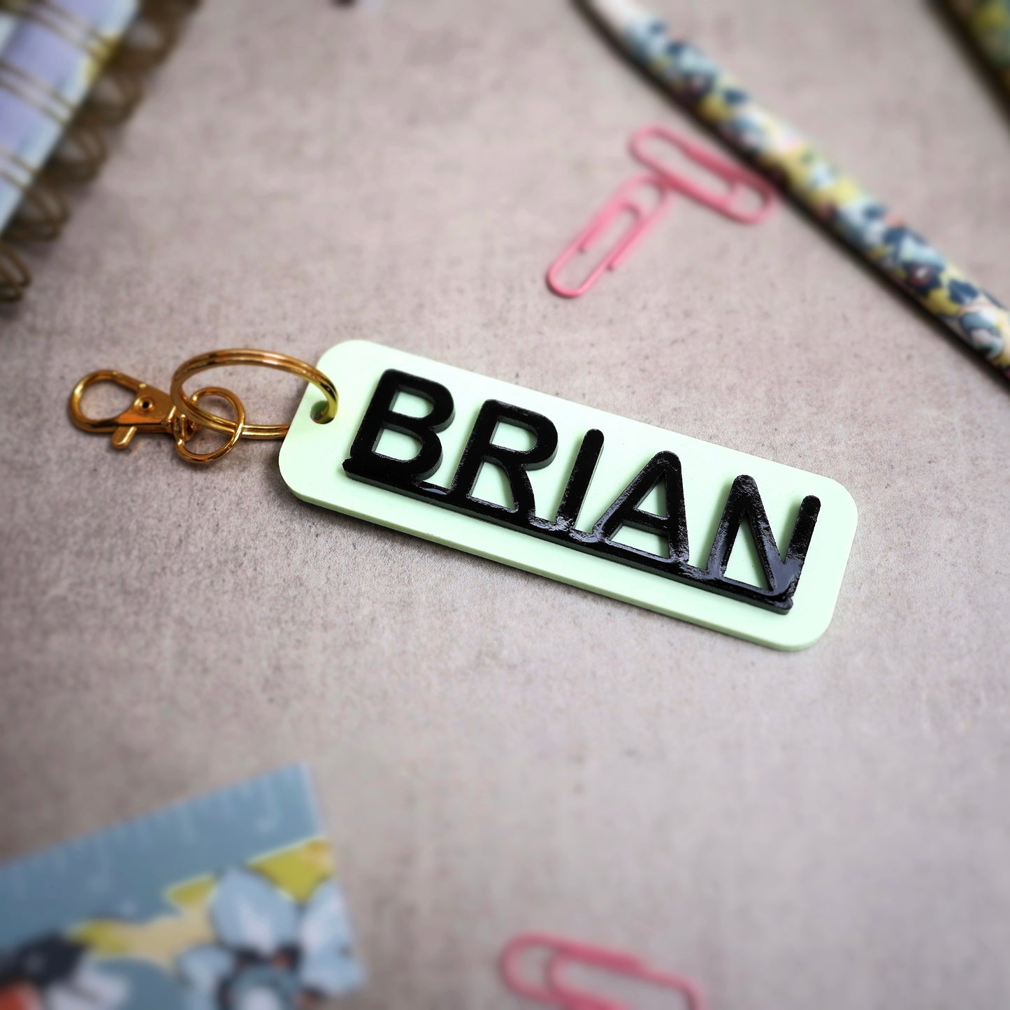 Pastel green and black acrylic keychains custom name keychain bogg bag charm name keychain bag accessories name key chain School Tag Lunchbox name Backpack tags gym bag name Custom Name Charm Diaper Bag Tag bogg bag keychain
