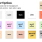 color options raw wood only for background mirrored acrylics back side is grey raw wood clear matte black white coral pastel lavender pastel pink pastel blue pastel yellow pastel green pastel peach bone blush mirrored gold mirrored silver