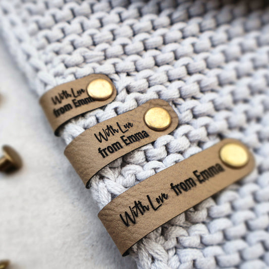 light beige faux leather tags vegan knit labels crochet no sew tag logo custom product tags rivet knit personalized tags vegan craft labels knit logo tags crochet faux leather labels hats mittens scarves coffee cup warmers clothing headbands blankets
