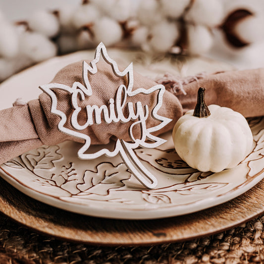 silver wood leaf name decor friendsgiving place card thanksgiving table Friendsgiving thanksgiving gift fall wedding leaves friendsgiving gifts fall party decor fall seasonal pumpkin decor cutout wooden name rustic fall decor thanksgiving favors