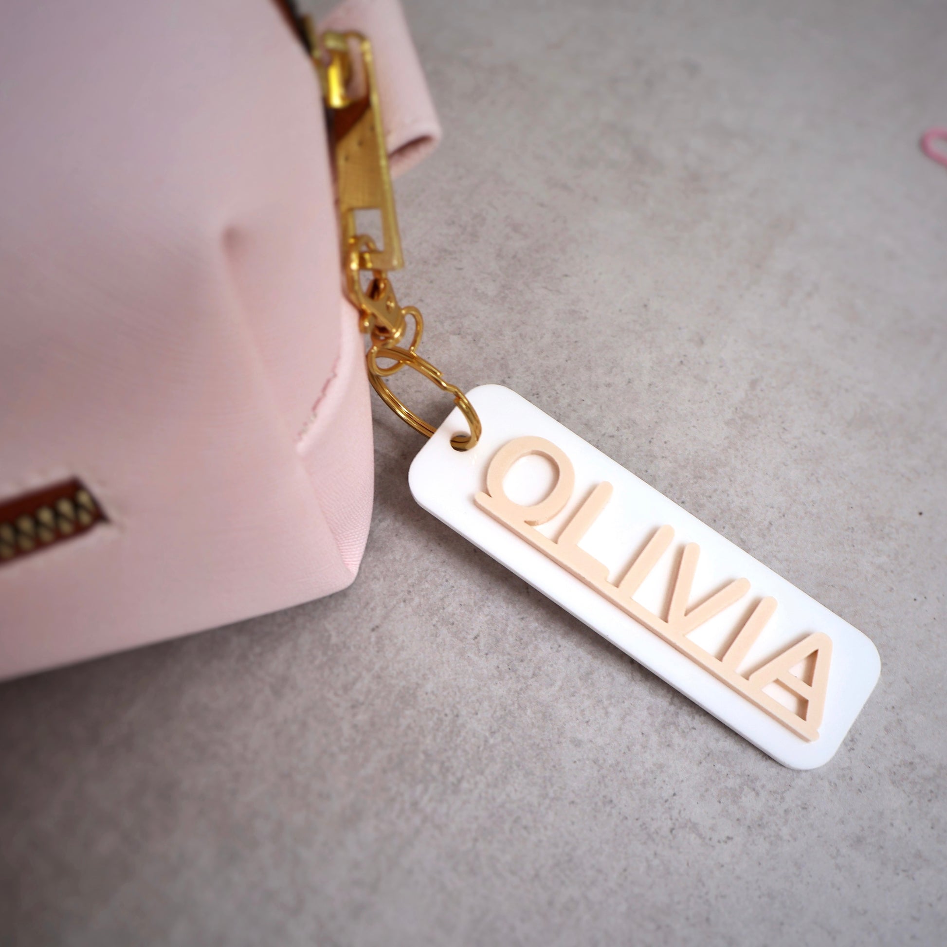 acrylic keychains white and pastel peach custom name keychain bogg bag charm name keychain bag accessories name key chain School Tag Lunchbox name Backpack tags gym bag name Custom Name Charm Diaper Bag Tag bogg bag keychain