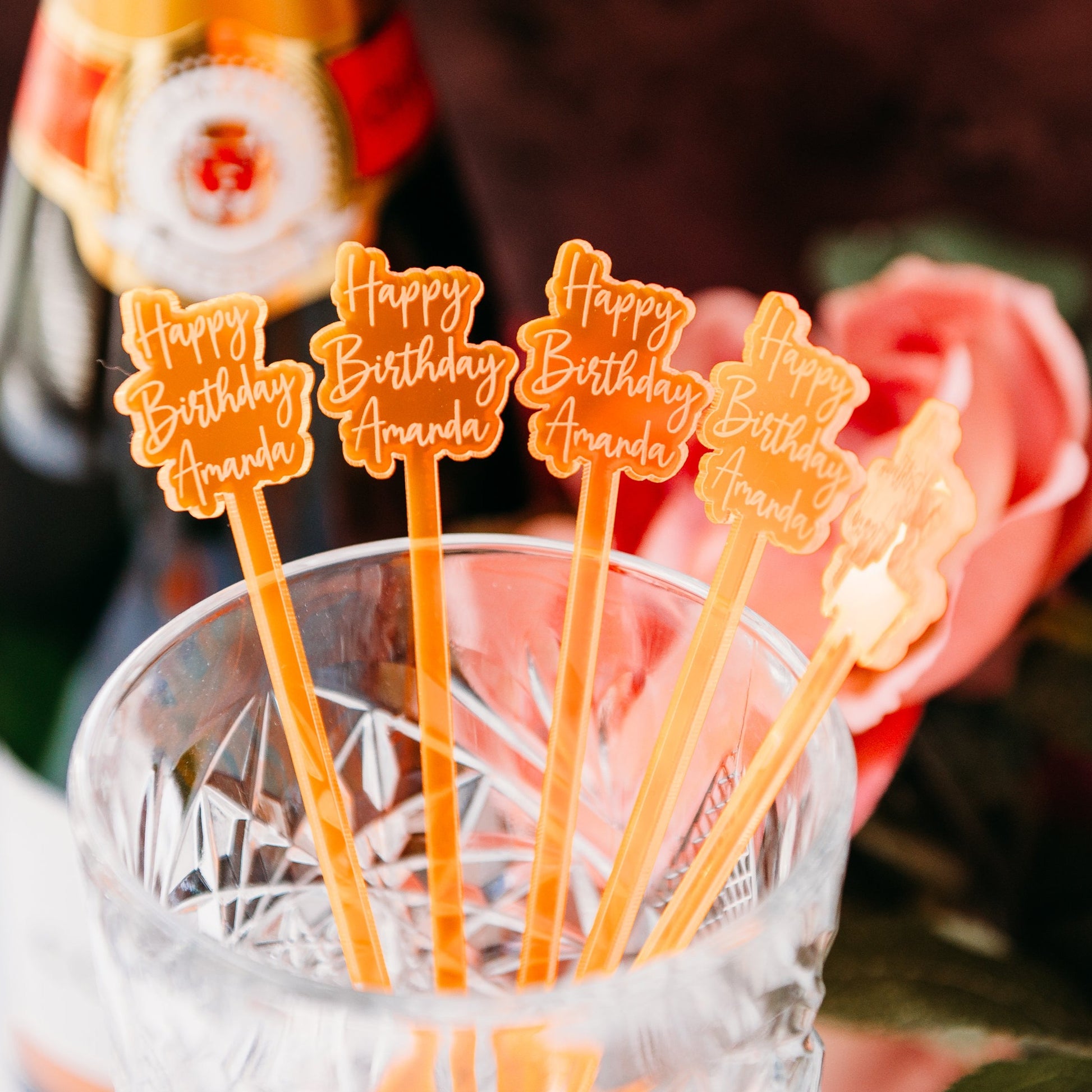 offset happy birthday name neon orange acrylic engraved drink stirrers custom wedding drink stirrers personalized acrylic cocktail stir sticks custom drink charm bespoke event swizzle sticks drink topper birthday party last name date celebration