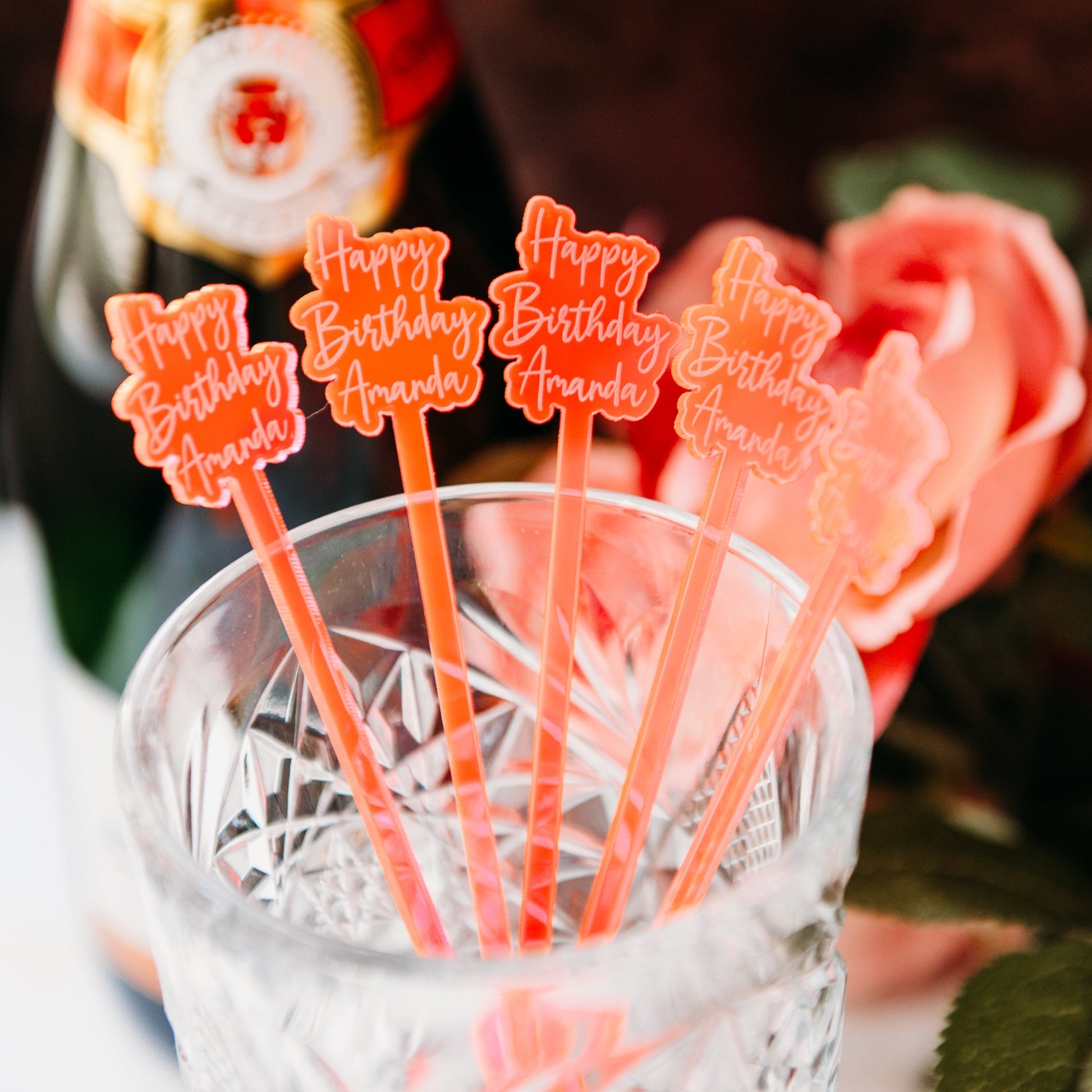 offset happy birthday name neon pink acrylic engraved drink stirrers custom wedding drink stirrers personalized acrylic cocktail stir sticks custom drink charm bespoke event swizzle sticks drink topper birthday party last name date celebration