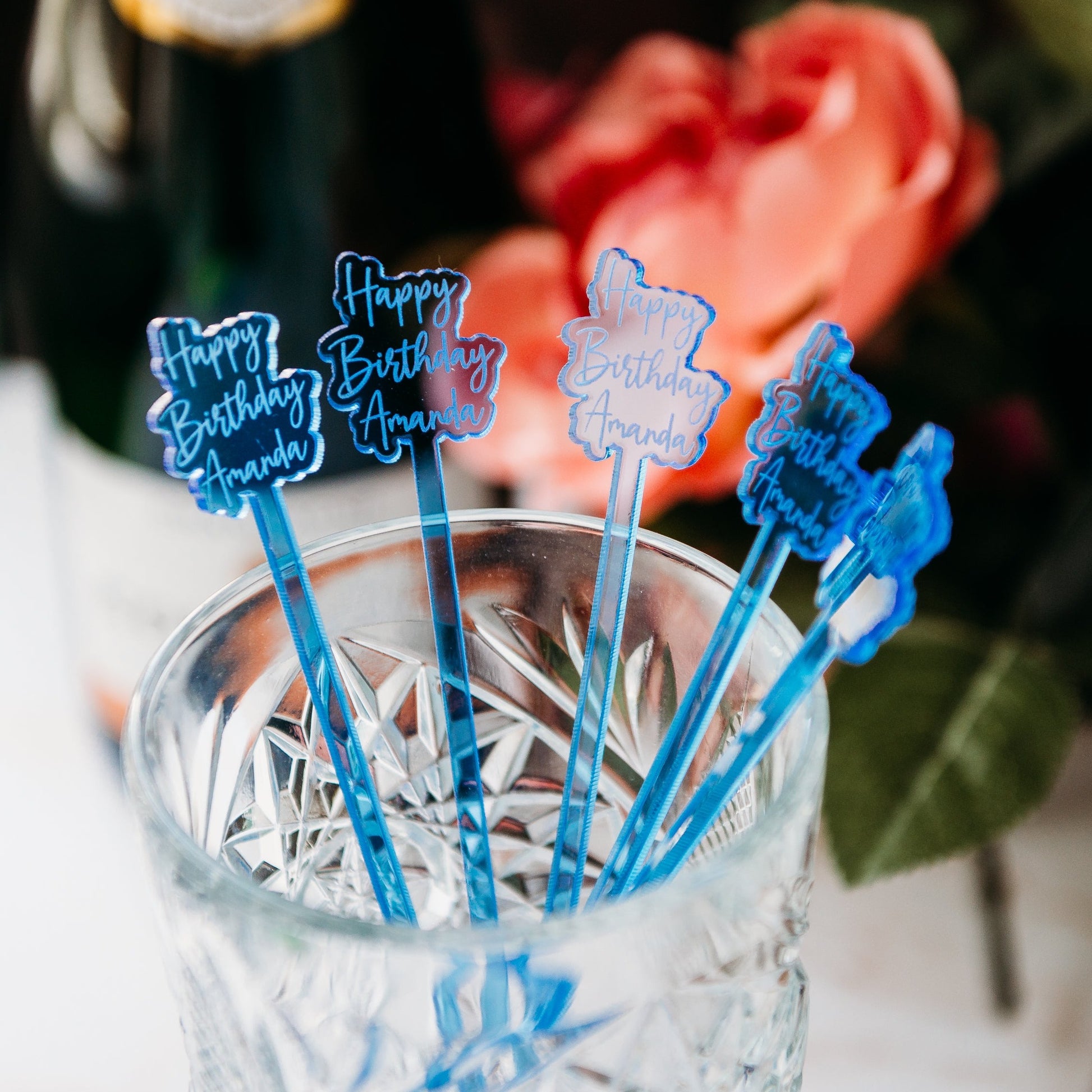 offset happy birthday name blue transparent acrylic engraved drink stirrers custom wedding drink stirrers personalized acrylic cocktail stir sticks custom drink charm bespoke event swizzle sticks drink topper birthday party last name date celebration