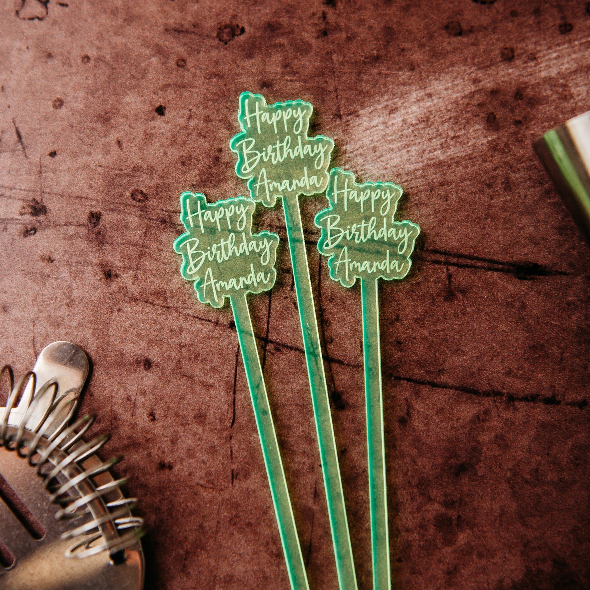 offset happy birthday name neon green acrylic engraved drink stirrers custom wedding drink stirrers personalized acrylic cocktail stir sticks custom drink charm bespoke event swizzle sticks drink topper birthday party last name date celebration