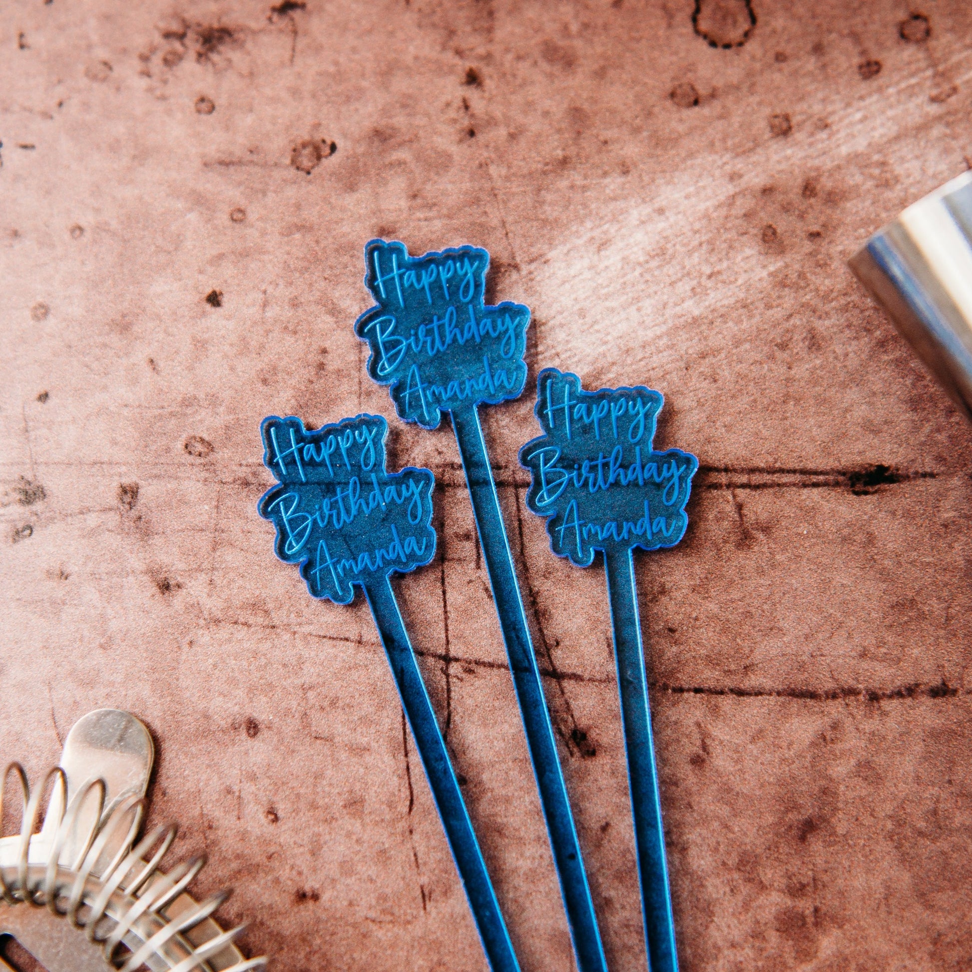 offset happy birthday name blue transparent acrylic engraved drink stirrers custom wedding drink stirrers personalized acrylic cocktail stir sticks custom drink charm bespoke event swizzle sticks drink topper birthday party last name date celebration