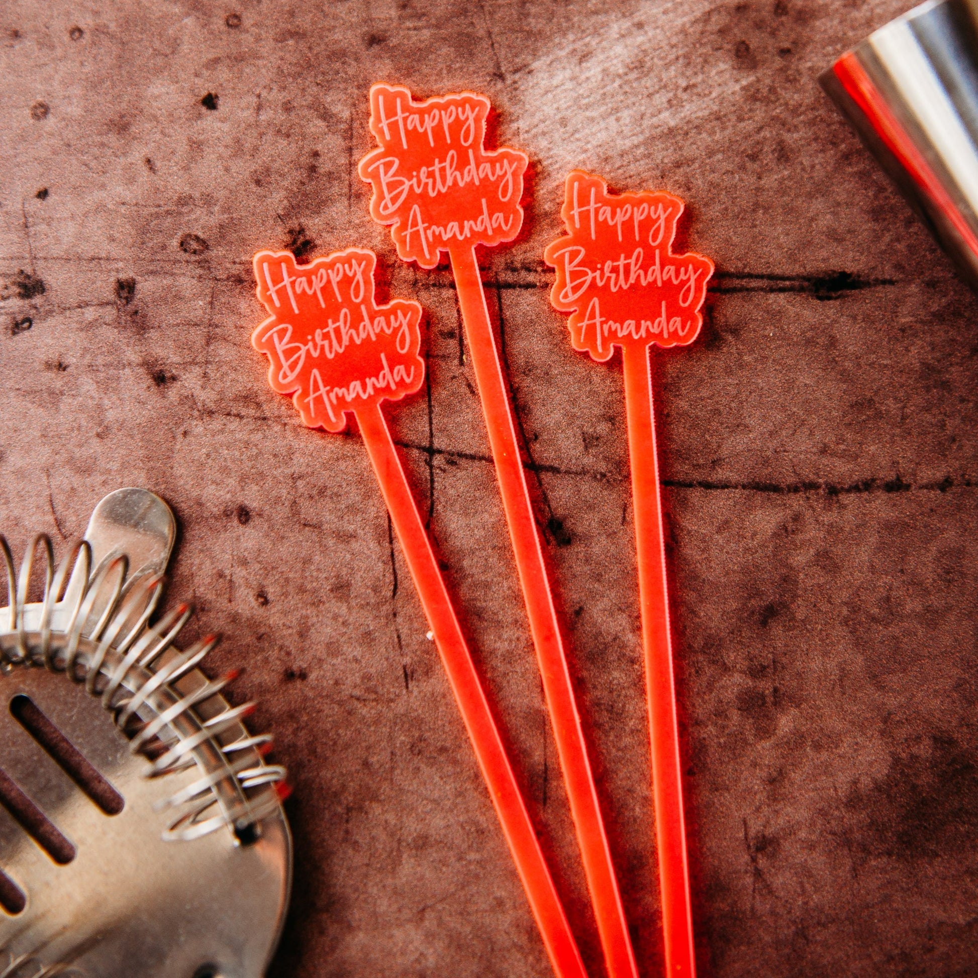 offset happy birthday name neon orange pink acrylic engraved drink stirrers custom wedding drink stirrers personalized acrylic cocktail stir sticks custom drink charm bespoke event swizzle sticks drink topper birthday party last name date celebration