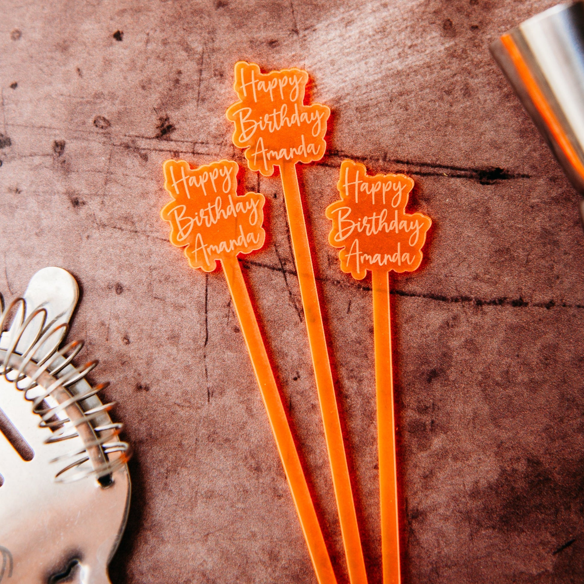 offset happy birthday name neon orange acrylic engraved drink stirrers custom wedding drink stirrers personalized acrylic cocktail stir sticks custom drink charm bespoke event swizzle sticks drink topper birthday party last name date celebration